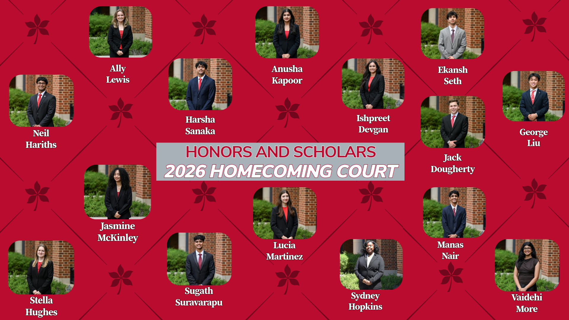 A group of individual portraits labeled with names. Text in the center reads "Honors and Scholars 2026 Homecoming Court.