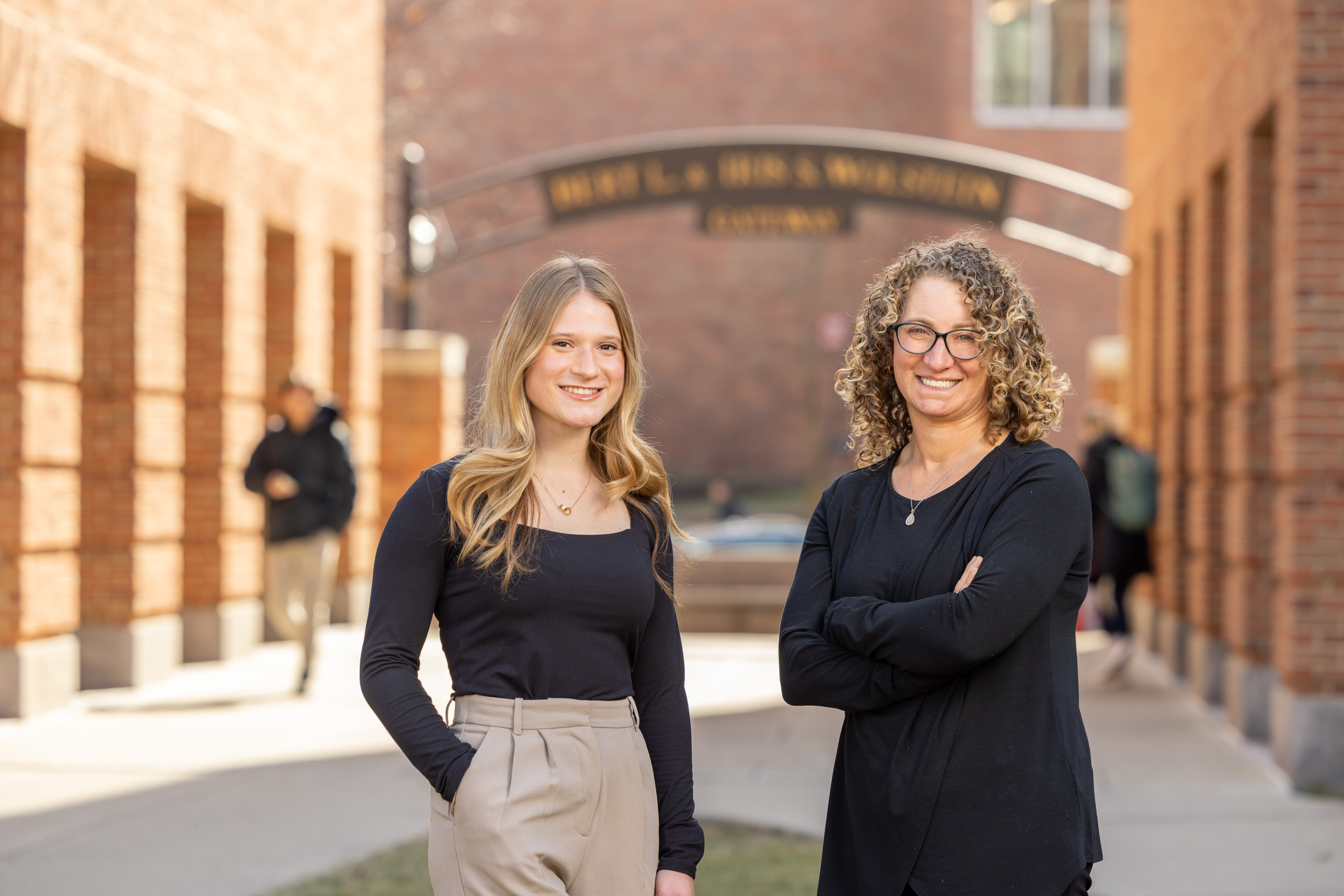 (Left to Right) Claudia Hollander Tineo and Stephanie Wapner in the courtyard at the Fisher College of Business.