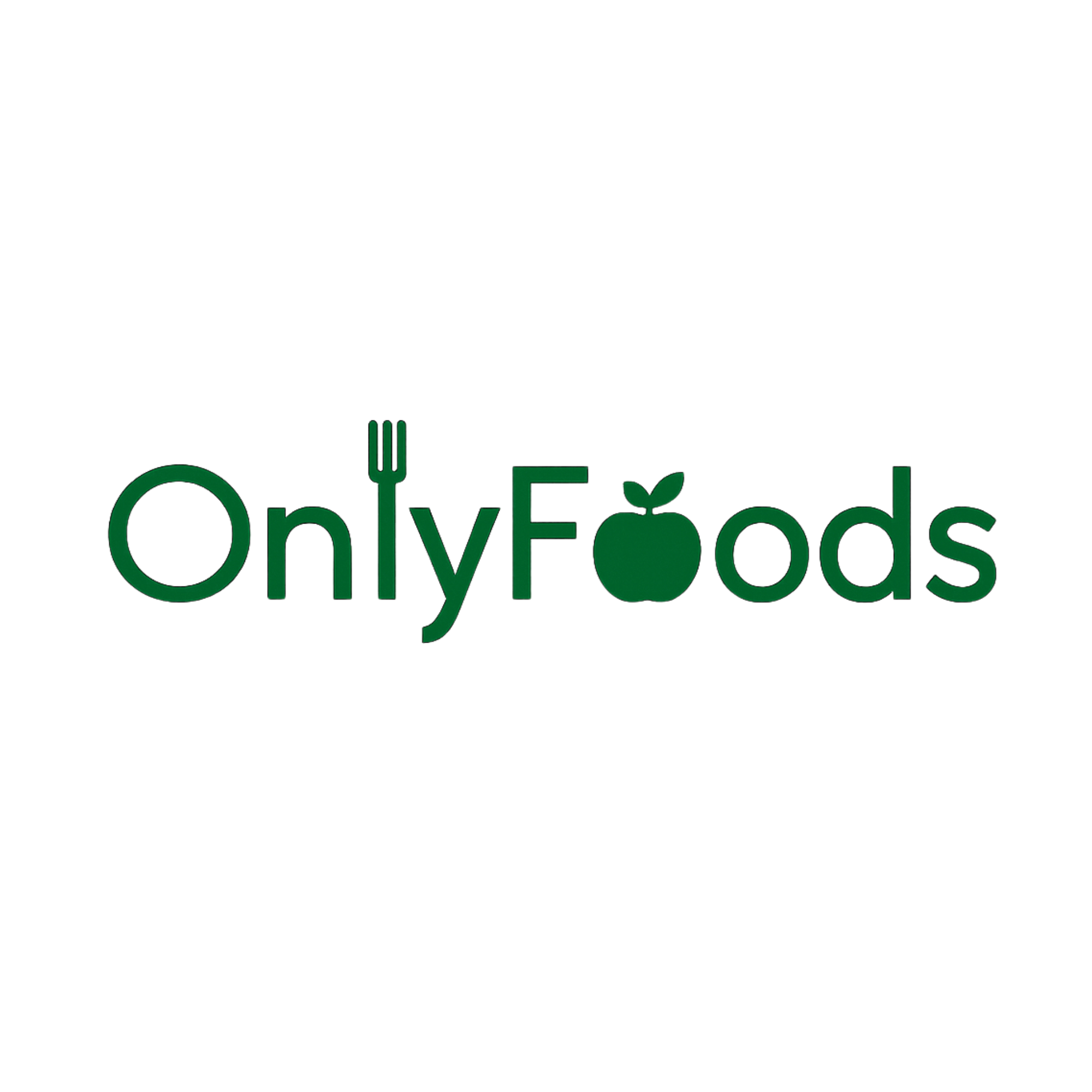 Logo with "OnlyFoods" in green. The letter "l" is stylized as a fork, and the "o" in "Foods" resembles an apple.