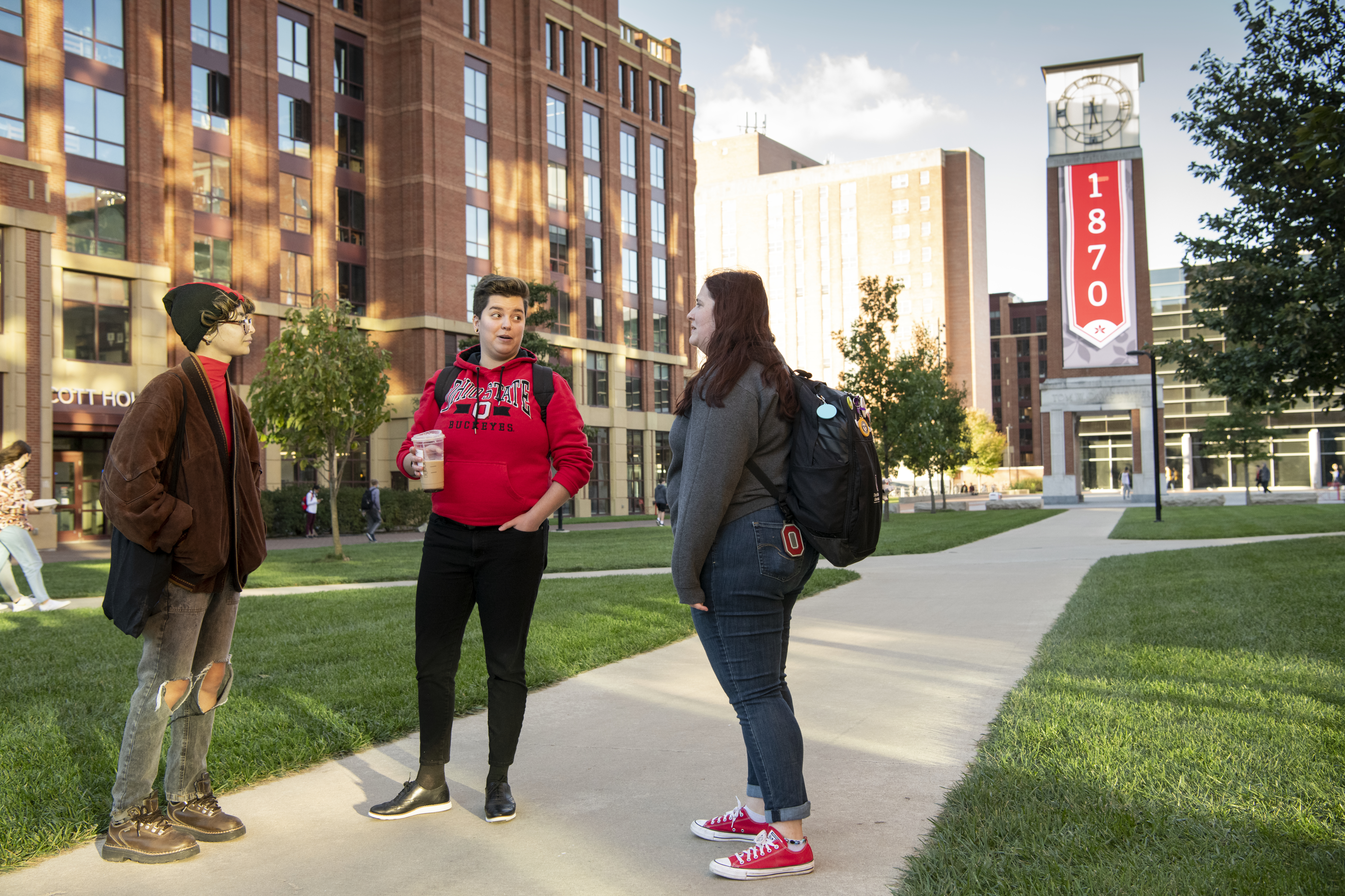 Students hanging out on Ohio State's North Campus plaza.