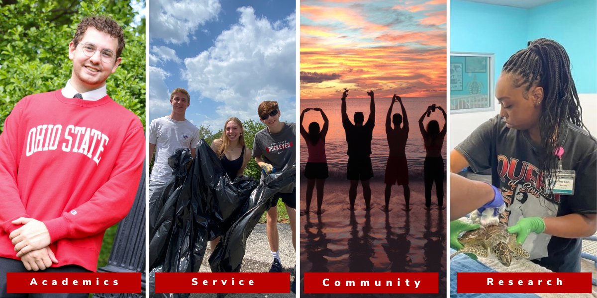 Four images of Stamps Scholars reflecting academics, service, community and research across the program