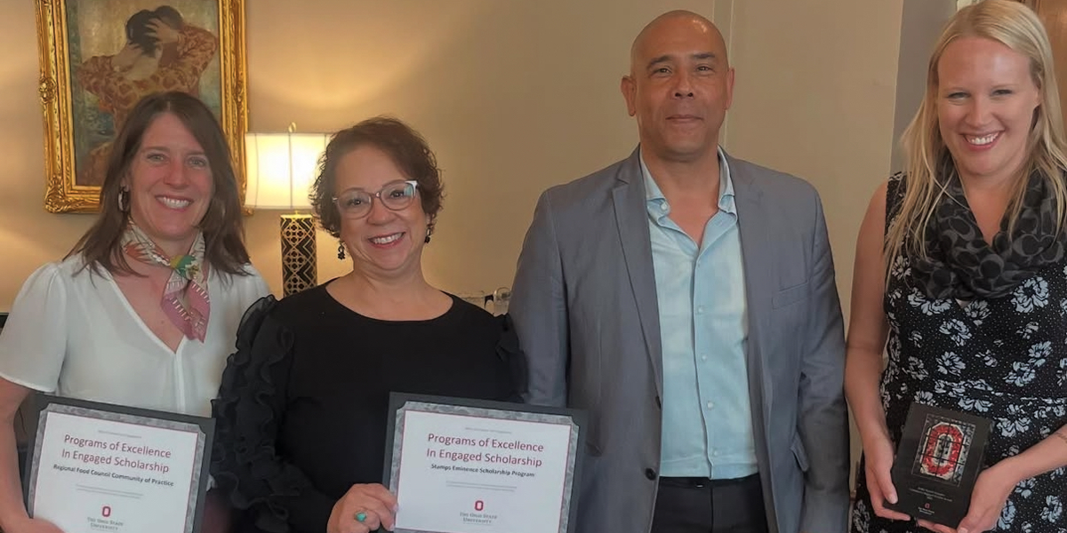 Stamps Eminence Program Manager, Rebecca Ward and three members of the Stamps Eminence Faculty Network
